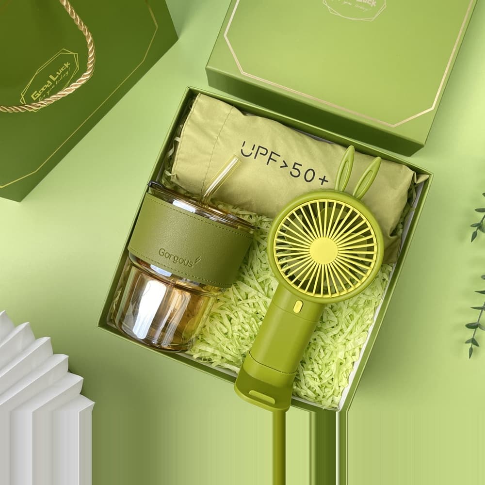 Glass Cup, Mini Fan & Umbrella Set