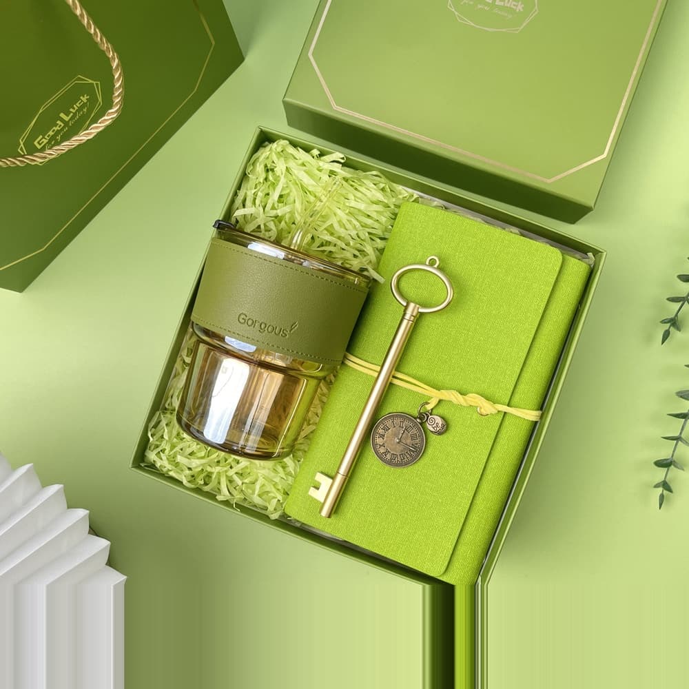 Glass Tea Cup, Notebook & Key Pen Set